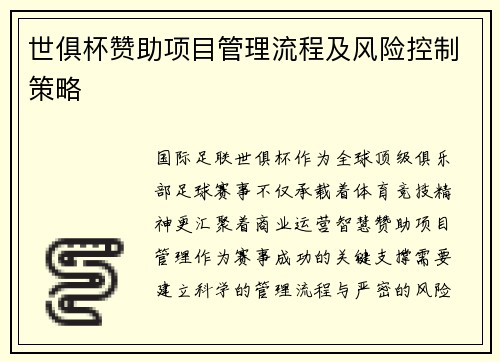 世俱杯赞助项目管理流程及风险控制策略